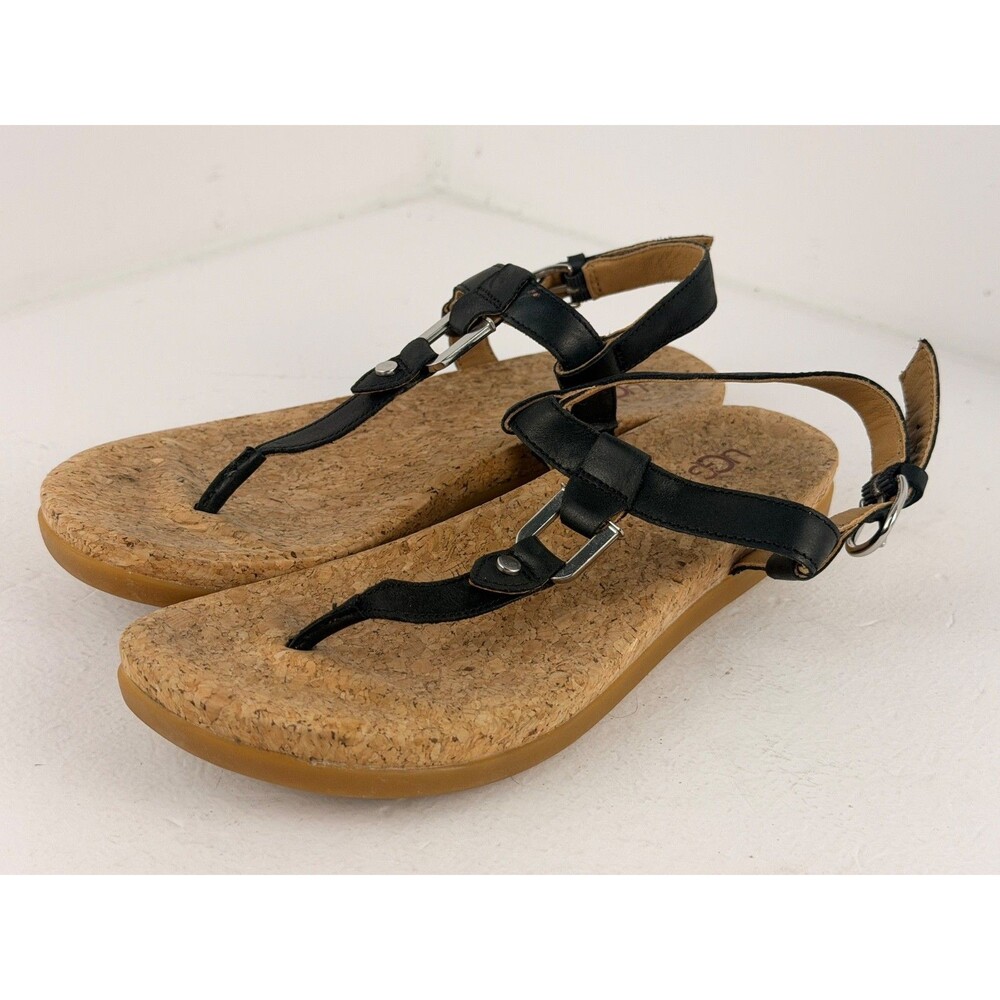UGG Aleigh Black Leather T-Strap Cork Sandals Women’s Size 8 EU 39